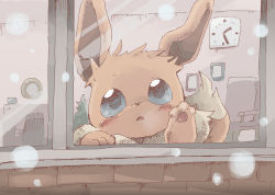 Rule 34 | against glass, animal focus, blue eyes, blush, breath, clock, creatures (company), eevee, game freak, gen 1 pokemon, gerigoo, hand up, highres, indoors, looking at viewer, nintendo, no humans, open mouth, pawpads, pokemon, pokemon (creature), sketch, snowing, straight-on, window, winter