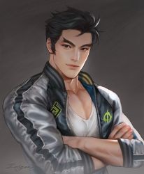 Rule 34 | 1boy, artist name, black eyes, black hair, closed mouth, crossed arms, forked eyebrows, genji (overwatch), grey jacket, jacket, looking at viewer, male focus, muscular, muscular male, open clothes, open jacket, overwatch, overwatch 1, pectoral cleavage, pectorals, shirt, short hair, solo, thick thighs, thighs, upper body, white shirt, zeilyanart