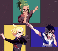 Rule 34 | 3boys, ahoge, arm up, bad id, bad twitter id, bespectacled, black hair, blonde hair, brown shirt, closed mouth, commentary request, creatures (company), ear piercing, elio (pokemon), game freak, gladion (pokemon), glasses, green hair, grey eyes, hair over one eye, hand up, hau (pokemon), highres, hood, hood down, hoodie, long sleeves, male focus, multiple boys, nintendo, outstretched arm, piercing, pokemon, pokemon sm, shirt, short hair, short ponytail, short sleeves, signature, smile, striped clothes, striped shirt, t-shirt, tere asahi, upper body