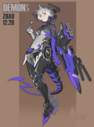 Rule 34 | 1girl, absurdres, android, breasts, brown background, dated, floating, hair behind ear, highres, looking at viewer, mecha musume, mechanical legs, mechanical tail, original, parted lips, red eyes, short eyebrows, short hair, small breasts, solo, tail, v-shaped eyebrows, white hair, yang youcai