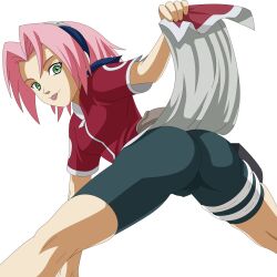 Rule 34 | 1girl, aged down, ass, green eyes, haruno sakura, naruto, naruto (series), pink hair, simple background, spread legs, tagme, thighs, tongue, tongue out, white background
