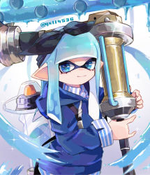 Rule 34 | 1girl, black headband, blue eyes, blue hair, blue shirt, blunt bangs, blunt ends, closed mouth, commentary, english text, headband, highres, holding, holding weapon, hood, hood down, hoodie, ink tank (splatoon), inkling, inkling girl, inkling player character, long hair, looking at viewer, n6 6m, nintendo, paint splatter, pointy ears, shirt, smile, solo, sparkle, splatoon (series), splatoon 2, standing, striped clothes, striped shirt, tentacle hair, twitter username, weapon
