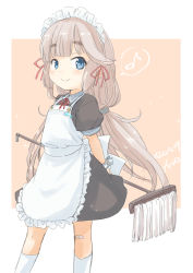 Rule 34 | 1girl, absurdres, alternate costume, apron, arms behind back, bandaid, bandaid on knee, bandaid on leg, black dress, dress, enmaided, frilled apron, frills, fyuo, green eyes, grey hair, hair ribbon, highres, kantai collection, long hair, looking at viewer, low twintails, maid, maid headdress, mikura (kancolle), mop, one-hour drawing challenge, puffy sleeves, ribbon, socks, solo, thick eyebrows, twintails, white apron, wrist cuffs