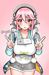 Rule 34 | 1girl, angie bunnie, blush, breasts, cellphone, double v, google, headphones, large breasts, long hair, looking at viewer, nitroplus, object on breast, open mouth, phone, pink hair, red eyes, simple background, smartphone, solo, super sonico, tawawa challenge, v