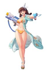 Rule 34 | 1girl, absurdres, aiming, aiming at viewer, bikini, black survival, blush, braid, breasts, brown eyes, brown hair, character name, collarbone, fingernails, floral print, full body, glasses, hairband, highres, holding, holding water gun, large breasts, legs, looking at viewer, medium hair, nail polish, navel, official alternate costume, official art, one touch, open clothes, open mouth, sandals, short sleeves, solo, standing, stomach, suzuki aya (black survival), swimsuit, transparent background, twin braids, water gun, white hairband, yellow bikini, yellow nails
