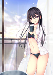 Rule 34 | 1girl, :d, absurdres, balcony, black bra, black hair, black panties, blue ribbon, blush, bow, bow panties, bra, breasts, cleavage, collared shirt, cowboy shot, cup, curtains, dress shirt, highres, holding, holding cup, indoors, kurokami (kurokaminohito), lens flare, light rays, long hair, long sleeves, looking at viewer, medium breasts, morning, multicolored eyes, navel, open clothes, open mouth, open shirt, original, panties, purple eyes, railing, red eyes, ribbon, ribbon-trimmed panties, ribbon bra, shirt, smile, solo, standing, stomach, strapless, sun, sunbeam, sunlight, sunrise, thighs, tsurime, underwear, very long hair, wing collar