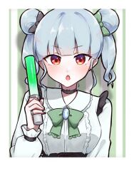Rule 34 | 1girl, :c, black choker, blue hair, blunt bangs, blush, bow, bowtie, brooch, center frills, choker, collared shirt, dot nose, double bun, frilled shirt, frills, glowstick, green bow, green bowtie, hair bun, hand up, heart, heart choker, highres, holding, holding glowstick, hyodou shizuku, idoly pride, jewelry, jun (jun72275969), letterboxed, long bangs, long sleeves, looking at viewer, motion lines, open mouth, red eyes, ring, shadow, shirt, short twintails, sidelocks, solo, straight-on, twintails, upper body, v-shaped eyebrows, white shirt