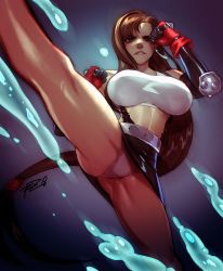 Rule 34 | 1girl, black gloves, black skirt, breasts, brown eyes, brown hair, clenched hands, commentary, elbow gloves, elbow pads, fighting stance, final fantasy, final fantasy vii, gloves, gluteal fold, high kick, highres, kicking, large breasts, lips, long hair, low-tied long hair, midriff, nose, panties, pantyshot, pencil skirt, red gloves, robaato, single elbow pad, skirt, solo, square enix, studded gloves, suspender skirt, suspenders, symbol-only commentary, tank top, thighs, tifa lockhart, toned, underwear, upskirt, very long hair, water, white panties, white tank top