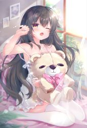 Rule 34 | arm up, armpits, bare arms, blush, bow, bowtie, brown hair, curtains, day, dress, frilled dress, frills, hair between eyes, highres, holding, holding stuffed toy, indoors, jewelry, long hair, looking at viewer, necklace, on bed, one eye closed, open mouth, original, pendant, sitting, sleeveless, sleeveless dress, sosetsunoakari, strap slip, stuffed animal, stuffed toy, sunlight, teddy bear, thighhighs, wariza, wavy hair, white dress, white legwear, window, zettai ryouiki