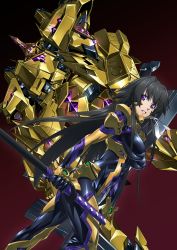 Rule 34 | 1girl, absurdres, black bodysuit, black hair, bodysuit, breasts, glowing, highres, holding, holding sword, holding weapon, impossible bodysuit, impossible clothes, large breasts, long hair, looking at viewer, mecha, muv-luv, muv-luv alternative, muv-luv total eclipse, paintedmike, parted lips, pilot suit, purple eyes, robot, shiny skin, sidelocks, solo, standing, sword, takamura yui, teeth, weapon
