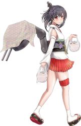 Rule 34 | 10s, 1girl, bag, black hair, blanket, detached sleeves, floral print, full body, hair ornament, headgear, japanese clothes, kantai collection, looking at viewer, miko, nontraditional miko, official art, okobo, red eyes, rikka (rikka331), sandals, shopping bag, short hair, smile, solo, transparent background, turret, unmoving pattern, wide sleeves, yamashiro (kancolle)