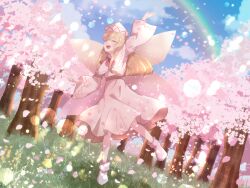 Rule 34 | 1girl, absurdres, blonde hair, capelet, cattleya (a yel ttac), cherry blossoms, closed eyes, cloud, cloudy sky, dress, fairy, fairy wings, floral print, flower, full body, grass, hat, highres, lily white, long hair, long sleeves, open mouth, petals, rainbow, shoes, sidelocks, sky, smile, solo, touhou, tree, white capelet, white dress, white footwear, white hat, wide sleeves, wings, yellow flower