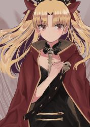 Rule 34 | 1girl, blonde hair, blush, breasts, cape, earrings, ereshkigal (fate), fate/grand order, fate (series), gold trim, hinomaru (futagun), hoop earrings, infinity symbol, jewelry, long hair, looking at viewer, medium breasts, multicolored cape, multicolored clothes, parted bangs, red cape, skull, smile, spine, tiara, two side up, yellow cape