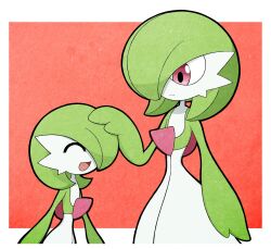 Rule 34 | absurdres, bob cut, colored skin, creatures (company), dress, envi55109095, game freak, gardevoir, gen 3 pokemon, green hair, hair over one eye, hand on another&#039;s head, highres, multicolored skin, nintendo, open mouth, pink eyes, pokemon, pokemon (creature), simple background, size difference, smile, square, two-tone skin, white dress, white skin