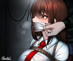 Rule 34 | 1girl, 1other, bdsm, bondage, bound, breasts, brown eyes, brown hair, gag, gagged, gagging, hair between eyes, improvised gag, kidnapped, large breasts, long hair, long sleeves, necktie, original, plusout, red neckwear, restrained, rope, school uniform, shibari, shibari over clothes, shirt, tape, tape gag, uniform, upper body, white shirt