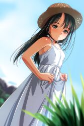 Rule 34 | 1girl, black hair, blush, breasts, brown eyes, clothes lift, cloud, collarbone, dress, dress lift, grass, hat, highres, long hair, looking at viewer, matsunaga kouyou, sky, sleeveless, sleeveless dress, small breasts, smile, standing, straw hat, tree, white dress