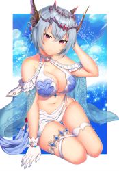 Rule 34 | 1girl, bare shoulders, bikini, blue hair, blue sky, blush, border, breasts, cleavage, closed mouth, collarbone, day, gloves, granblue fantasy, hair between eyes, hand in own hair, highres, kayase, large breasts, looking at viewer, macula marius, navel, pink eyes, sash, short hair, sitting, sky, smile, solo, swimsuit, thigh strap, thighlet, thighs, tiara, wariza, white bikini, white border, white gloves
