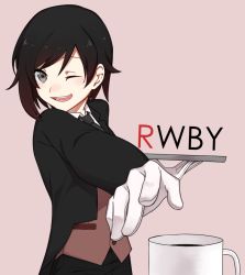 Rule 34 | 1girl, alternate costume, blush, brown hair, butler, coffee cup, copyright name, cup, disposable cup, female butler, formal, gloves, grey eyes, mug, nagisa (12363), necktie, one eye closed, pant suit, pants, pink background, ruby rose, rwby, short hair, smile, solo, suit, white gloves