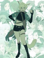 Rule 34 | 6+boys, 6+girls, animal ears, aqua coat, au ra, black footwear, black shirt, black shorts, blonde hair, blue eyes, boots, cat ears, cat girl, cat tail, clenched hands, coat, collared coat, commentary, commission, crop top, cropped shirt, elidibus, english commentary, final fantasy, final fantasy xiv, hand on own hip, hand up, high collar, highres, hyur, looking at viewer, miqo&#039;te, multiple boys, multiple girls, open clothes, open coat, open mouth, robodumpling, shirt, short hair, short shorts, shorts, slit pupils, standing, tail, thigh strap, turtleneck, viera, warrior of light (ff14)