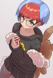 Rule 34 | 1girl, absurdres, backpack, bag, black-framed eyewear, blue hair, brown bag, closed mouth, commentary request, creatures (company), game freak, glasses, grey eyes, highres, holding, holding poke ball, hood, hood down, hoodie, jaguarsee, long sleeves, multicolored hair, nintendo, pantyhose, penny (pokemon), poke ball, poke ball (basic), pokemon, pokemon sv, red hair, round eyewear, see-through, see-through skirt, short hair, shorts, shorts under skirt, skirt, sleeves past wrists, solo, two-tone hair