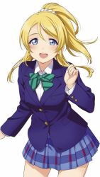 Rule 34 | 1girl, artist name, artist request, ayase eli, black jacket, blonde hair, blue cardigan, blue eyes, blue jacket, blue skirt, blush, bow, bowtie, breasts, cardigan, checkered clothes, checkered skirt, clenched hand, collared shirt, female focus, floating hair, green bow, hair between eyes, hair ornament, hair scrunchie, high ponytail, jacket, long hair, long sleeves, looking at viewer, love live!, love live! school idol project, medium breasts, miniskirt, otonokizaka school uniform, parted lips, plaid, plaid skirt, pleated, pleated skirt, ponytail, school uniform, scrunchie, shirt, short hair, short sleeves, skirt, smile, solo, striped, striped bow, white background, white scrunchie, white shirt
