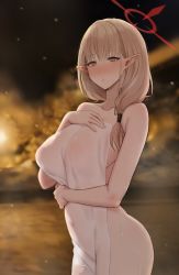 Rule 34 | 1girl, bare shoulders, blue archive, blurry, blurry background, blush, breasts, brown eyes, chinatsu (blue archive), chinatsu (hot spring) (blue archive), collarbone, covered erect nipples, covering privates, gomu (chewinggom), halo, highres, large breasts, light brown hair, long hair, looking at viewer, naked towel, nude cover, onsen, pointy ears, solo, steam, thighs, towel