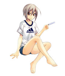 Rule 34 | 1girl, adidas, bad id, bad pixiv id, barefoot, brown eyes, feet, food, holding, looking at viewer, original, popsicle, short hair, shorts, silver hair, simple background, sitting, solo, sushikuugo (suisen), white background