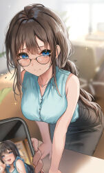 Rule 34 | 1girl, 1other, absurdres, ahoge, backlighting, black skirt, blue eyes, blue shirt, blurry, blurry background, blush, breasts, brown hair, buttons, cellphone, closed mouth, collarbone, commentary request, embarrassed, glasses, highres, jewelry, large breasts, leaning on table, light particles, long hair, looking at viewer, looking over eyewear, multiple views, necklace, office, office lady, original, phone, photo (object), pov, shirt, skirt, sleeveless, sleeveless shirt, smartphone, solo focus, sparkle, sunlight, sweatdrop, yufou