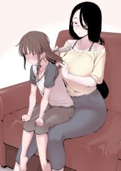 Rule 34 | 1boy, 1girl, age difference, bare shoulders, black hair, blush, brown eyes, brown hair, brushing hair, capri pants, closed mouth, couch, curvy, eyebrows hidden by hair, glasses, grey pants, highres, long hair, looking to the side, mature female, nakamura regura, original, pants, parted bangs, shirt, sitting, sitting on person, smile, trap, white background, yellow shirt