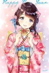 Rule 34 | 1girl, :d, ancotaku, artist name, back bow, black hair, blue bow, blue eyes, blue ribbon, blush, bow, chinese zodiac, commentary request, ema, floral background, floral print, flower, hair bun, hair flower, hair ornament, hair ribbon, happy new year, holding, japanese clothes, kimono, long sleeves, looking at viewer, mole, mole under eye, new year, obi, open mouth, original, pink flower, red kimono, ribbon, sash, sidelocks, single hair bun, smile, solo, upper body, wide sleeves, year of the pig