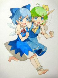Rule 34 | 2girls, ahoge, ascot, bad id, bad twitter id, bare legs, barefoot, blue bow, blue dress, blue eyes, blue hair, bound ankles, bow, cirno, daiyousei, dress, fairy wings, green hair, hair bow, hair ribbon, highres, ice, ice wings, multiple girls, open mouth, puffy short sleeves, puffy sleeves, ribbon, running, sasa kichi, scan, short dress, short sleeves, texture, three-legged race, touhou, traditional media, wings, yellow ascot, yellow ribbon