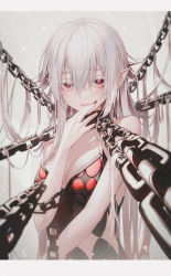 Rule 34 | 1girl, andi 1021, bare shoulders, breasts, chain, cleavage, closed mouth, collar, elf, hair between eyes, hand up, highres, large breasts, letterboxed, long hair, looking at viewer, metal collar, nail polish, original, pointy ears, red eyes, red nails, solo, upper body, very long hair, white hair