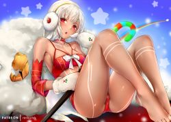 Rule 34 | 1girl, altera (fate), altera the santa (fate), ass, bare shoulders, barefoot, blush, body markings, breasts, cameltoe, choker, cleavage, collarbone, dark-skinned female, dark skin, detached sleeves, earmuffs, fate/grand order, fate (series), gloves, holding, looking at viewer, mittens, navel, open mouth, patreon username, reclining, red eyes, rei kun, sheep, short hair, sidelocks, sitting, small breasts, solo, star (symbol), tattoo, thighs, veil, white hair, white mittens