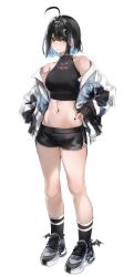 Rule 34 | 1girl, absurdres, ahoge, bare shoulders, black nails, blue hair, brown eyes, chain, chain necklace, colored inner hair, crop top, cross, cross earrings, dolphin shorts, duplicate, earrings, hair ornament, hairclip, highres, irene (kanniiepan), jacket, jewelry, kanniiepan, midriff, mole, mole on cheek, mole under eye, multicolored hair, navel, necklace, off shoulder, open clothes, open jacket, original, shoes, short hair, short shorts, shorts, silver chain, sneakers, socks, solo, striped clothes, striped socks, two-tone hair