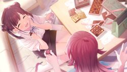 Rule 34 | 2girls, ahoge, bag, black skirt, blue ribbon, blue shirt, box, box of chocolates, breasts, brown hair, candy, chocolate, chocolate heart, closed eyes, double bun, food, from above, gift, hair bun, hand on own cheek, hand on own face, heart, highres, holding, holding chocolate, holding food, idolmaster, idolmaster shiny colors, idolmaster shiny colors song for prism, indoors, kneehighs, komiya kaho, long hair, medium breasts, multiple girls, official art, open box, open mouth, pencil skirt, pink ribbon, red hair, ribbon, shirt, shopping bag, short twintails, sidelocks, sitting, skirt, smile, socks, sonoda chiyoko, sunlight, sweets, table, twintails, white socks