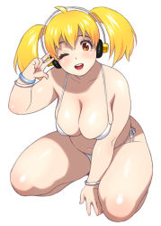 Rule 34 | 1girl, bikini, blonde hair, blush, breasts, cleavage, headphones, huge breasts, jinroku, large breasts, looking at viewer, navel, nitroplus, one eye closed, open mouth, orange eyes, plump, short hair, smile, solo, super pochaco, swimsuit, thick thighs, thighs, twintails, v over eye, white bikini