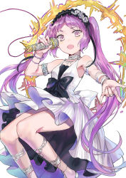 Rule 34 | 1girl, \m/, absurdres, blush, dress, euryale (fate), euryale (third ascension) (fate), fate/hollow ataraxia, fate (series), hand up, headdress, highres, holding, holding microphone, leon v, long hair, looking at viewer, microphone, open mouth, parted bangs, purple eyes, purple hair, sandals, sidelocks, smile, solo, thighs, tsurime, twintails, very long hair, white dress