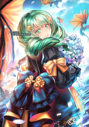 Rule 34 | 1girl, bouquet, curly hair, dragon, drill hair, fire emblem, fire emblem: three houses, flayn (fire emblem), flower, garreg mach monastery uniform, green eyes, green hair, hellyon white, looking at viewer, looking to the side, nintendo, smile, solo focus, twin drills, water, wyvern