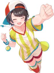 Rule 34 | 1girl, :d, adju ster, arm up, asymmetrical bangs, asymmetrical legwear, baseball cap, black hair, blush, clenched hand, closed eyes, collarbone, commentary request, dot nose, facing viewer, hat, highres, hololive, leg up, mismatched legwear, oozora subaru, oozora subaru (1st costume), open mouth, outstretched arm, red thighhighs, shirt, short hair, shorts, sidelocks, simple background, smile, solo, standing, stopwatch, stopwatch around neck, striped clothes, striped shirt, sweatband, thighhighs, two-tone shirt, vertical-striped clothes, vertical-striped shirt, virtual youtuber, watch, whistle, whistle around neck, white background, white thighhighs