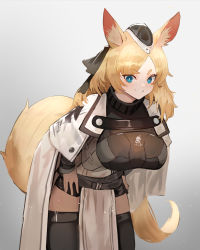 Rule 34 | animal ear fluff, animal ears, arknights, bannouyakunta, blonde hair, blue eyes, duplicate, hand on own hip, hat, highres, horse ears, horse girl, horse tail, long hair, looking at viewer, ponytail, smile, solo, tail, whislash (arknights)