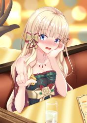 Rule 34 | 1girl, 1other, bare arms, bare shoulders, blonde hair, blue eyes, blush, bow, breasts, brown bow, brown gloves, christmas, cleavage, collarbone, couch, cup, dress, drinking glass, from outside, gloves, hair bow, hands up, highres, iseshi, jewelry, long hair, looking at viewer, medium breasts, necklace, nose blush, on couch, open mouth, princess connect!, red dress, saren (christmas) (princess connect!), saren (princess connect!), solo focus, strapless, strapless dress, table, very long hair, water, wavy mouth