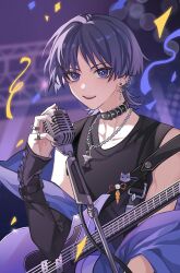Rule 34 | 1boy, alternate costume, black tank top, blue eyes, confetti, earrings, genshin impact, guitar, highres, holding, holding instrument, holding microphone stand, instrument, jacket, jacket partially removed, jewelry, male focus, microphone, microphone stand, multiple earrings, open mouth, purple hair, purple jacket, scaramouche (genshin impact), short hair, smile, solo, tank top, teeth, unik0503