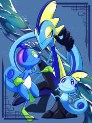Rule 34 | blue eyes, bright pupils, closed mouth, commentary request, creatures (company), drizzile, evolutionary line, framed, game freak, gen 8 pokemon, grey background, highres, inteleon, leg up, marutto inte, nintendo, pokemon, pokemon (creature), smile, sobble, squatting, standing, standing on one leg, toes, white pupils, yellow eyes