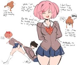 Rule 34 | 1boy, 3girls, ass, blush, breasts, brown hair, brown jacket, commentary, doki doki literature club, dragging, english commentary, english text, green eyes, hair ornament, hair ribbon, hairclip, highres, jacket, long hair, medium breasts, monika (doki doki literature club), multiple girls, natsuki (doki doki literature club), pink eyes, pink hair, ponytail, profanity, protagonist (doki doki literature club), rakeemspoon, red ribbon, ribbon, sayori (doki doki literature club), school uniform, short hair, skirt, two side up, wide hips