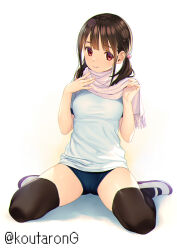 Rule 34 | 1girl, blue buruma, breasts, brown hair, brown thighhighs, buruma, commentary request, fringe trim, full body, hair bobbles, hair ornament, hands up, koutaro, looking at viewer, low twintails, medium breasts, original, pink scarf, red eyes, scarf, shirt, shoes, short sleeves, sitting, solo, thighhighs, twintails, twitter username, uwabaki, wariza, white background, white footwear, white shirt