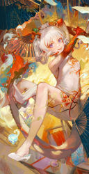 Rule 34 | 1girl, :d, absurdres, arknights, arm up, bare shoulders, breasts, china dress, chinese clothes, commentary request, daylightallure, dragon girl, dragon horns, dragon tail, dress, folding fan, hand fan, high heels, highres, holding, holding fan, horns, looking at viewer, multicolored hair, nian (arknights), nian (unfettered freedom) (arknights), open mouth, purple eyes, red hair, shoes, sleeveless, sleeveless dress, small breasts, smile, solo, streaked hair, tail, teeth, upper teeth only, white dress, white footwear, white hair