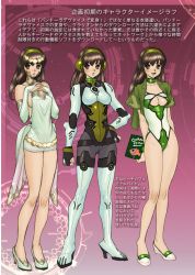 Rule 34 | 10s, 1girl, :d, arms behind back, bare shoulders, belt, black hair, bodysuit, bracelet, breasts, bridal gauntlets, brown eyes, character sheet, circlet, cleavage, cleavage cutout, closed mouth, clothing cutout, collar, concept art, dress, ear covers, fingerless gloves, full body, gloves, gradient background, groin, hairband, halterneck, hand on own hip, hands on own chest, high heels, highleg, highleg leotard, highres, holding, jewelry, koukaku no pandora, legs, leotard, long hair, looking at viewer, medium breasts, multiple views, nanakorobi nene, narrow waist, no bra, open clothes, open mouth, own hands together, parted lips, purple background, scan, shirou masamune, shoes, short dress, short sleeves, sideboob, smile, standing, translation request, turtleneck, white dress