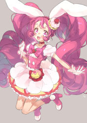 Rule 34 | 10s, 1girl, :d, animal ears, bad id, bad pixiv id, bow, cake, choker, cure whip, dress, earrings, extra ears, food, food-themed hair ornament, fruit, gloves, hair ornament, high heels, jewelry, jumping, kirakira precure a la mode, long hair, magical girl, open mouth, pink bow, pink dress, pink eyes, pink hair, pom pom (clothes), pom pom earrings, precure, puffy short sleeves, puffy sleeves, rabbit ears, short sleeves, sidelocks, signature, smile, solo, strawberry, strawberry shortcake, toujou sakana, twintails, usami ichika, very long hair, white gloves