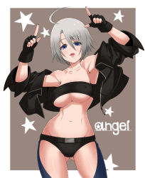 Rule 34 | 1girl, ahoge, angel (kof), armpits, bad id, bad pixiv id, bandeau, bare shoulders, black gloves, black jacket, black panties, blue eyes, breasts, brown background, chaps, character name, collarbone, cowboy shot, cropped jacket, dress, fingerless gloves, gloves, index finger raised, jacket, kamirobo, large breasts, looking at viewer, midriff, narrow waist, navel, open clothes, open jacket, open mouth, panties, pointing, pointing up, shirorenge (huruhuru), short hair, silver hair, simple background, sleeves rolled up, snk, solo, star (symbol), strapless, strapless dress, the king of fighters, tube dress, underboob, underwear