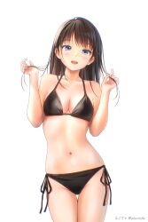 Rule 34 | 1girl, bikini, black bikini, blue eyes, blush, breasts, brown hair, cleavage, commentary request, covered navel, cowboy shot, halterneck, hand in own hair, highres, looking at viewer, medium hair, navel, open mouth, original, revision, side-tie bikini bottom, simple background, small breasts, solo, standing, string bikini, swept bangs, swimsuit, teeth, thigh gap, twitter username, upper teeth only, white background, yuluvine